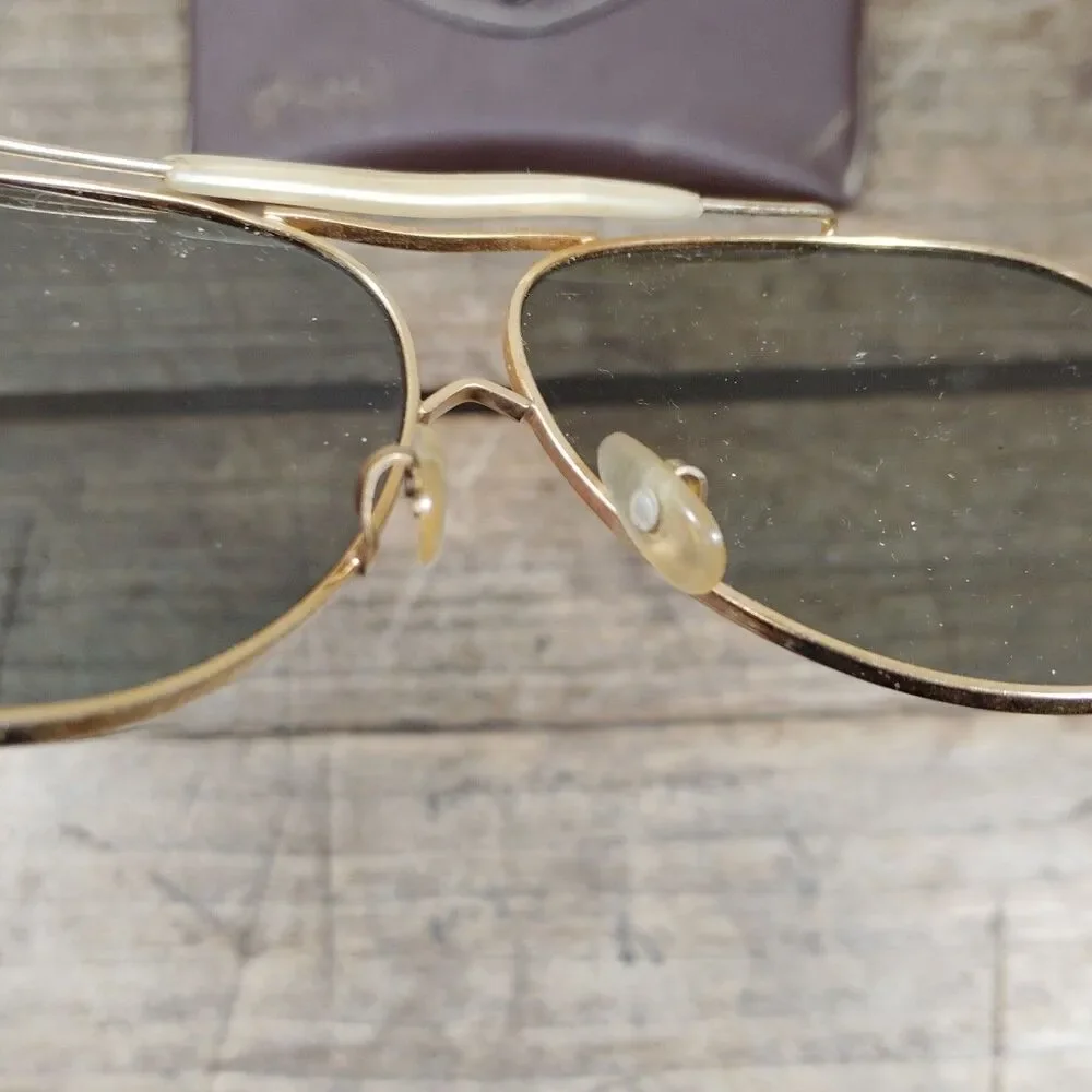 Vintage Tasco Aviator Shades Sunglasses & Case Japan Gold Frame